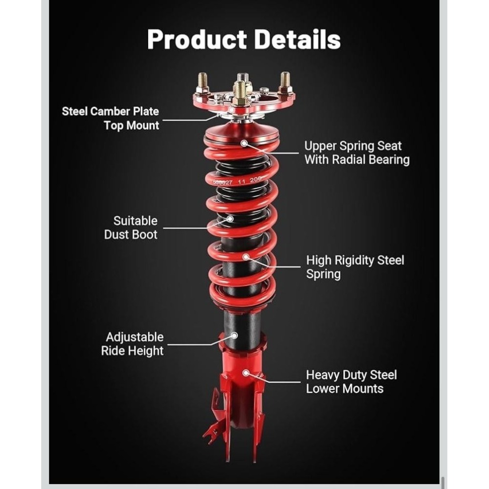 Adjustable Coilover Shock Strut Kit Set 4 Red 1-3in Drop Front Rear Suspension - Picture 7 of 10